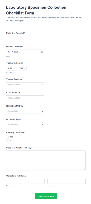 Laboratory Specimen Collection Checklist Form Template