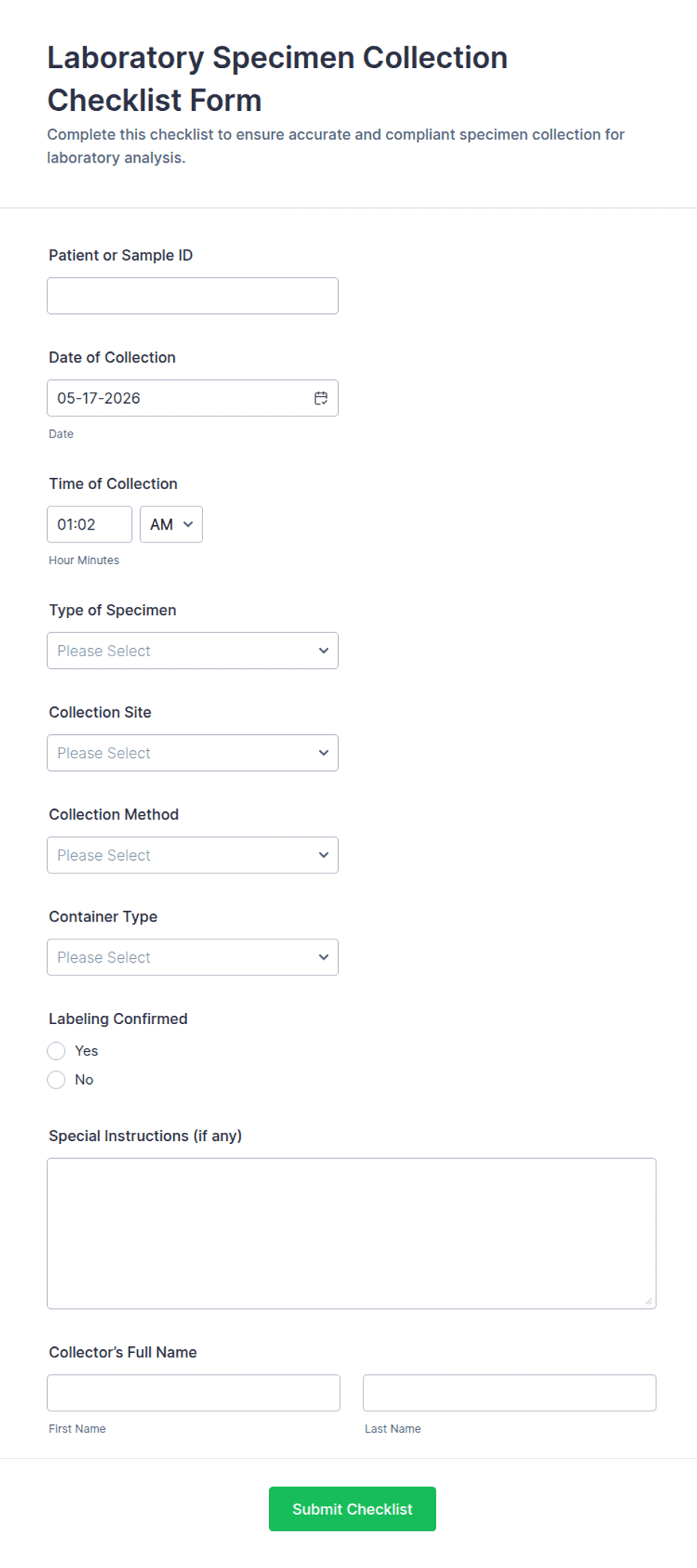 Laboratory Specimen Collection Checklist Form Template | Jotform