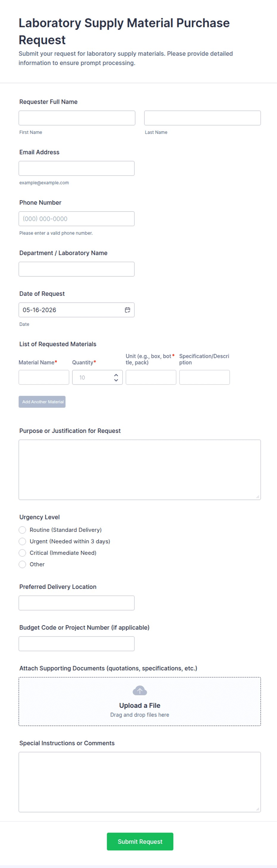 Laboratory Supply Material Purchase Request Form Template | Jotform