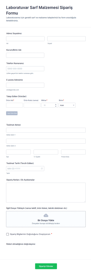 Laboratuvar Malzeme Sipariş Form Şablonu