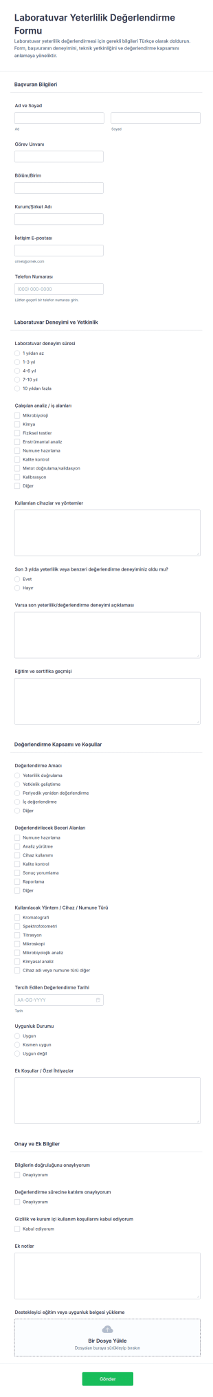 Laboratuvar Yeterlilik Değerlendirme Anketi Form Şablonu