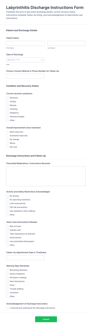 Labyrinthitis Discharge Instructions Form Template