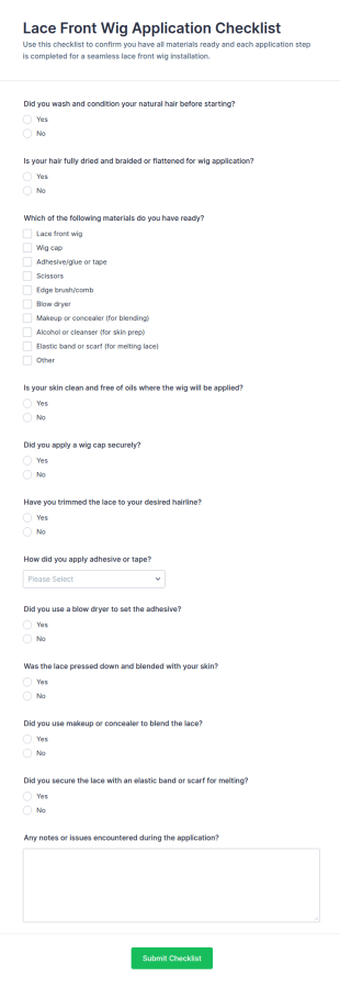 Lace Front Wig Application Checklist Form Template