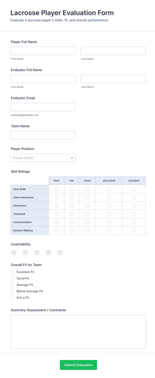 Lacrosse Player Evaluation Form Template