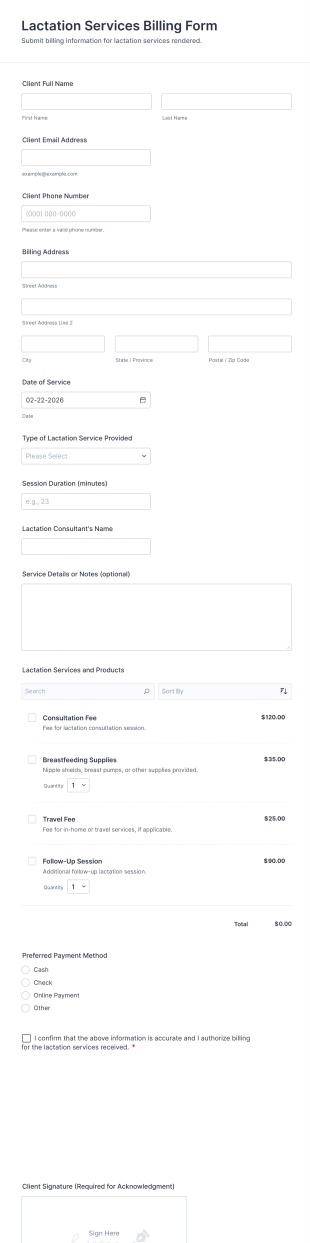 Lactation Services Billing Form Template