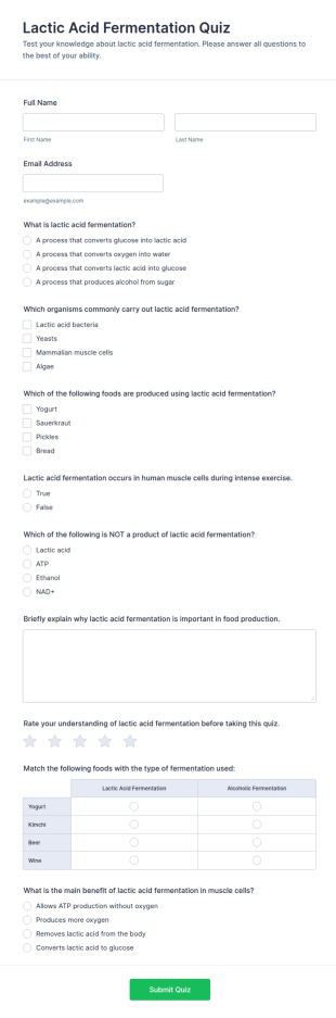 Lactic Acid Fermentation Quiz Form Template