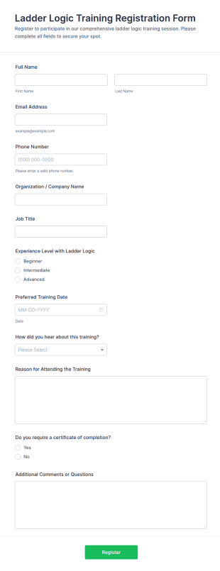Ladder Logic Training Registration Form Template