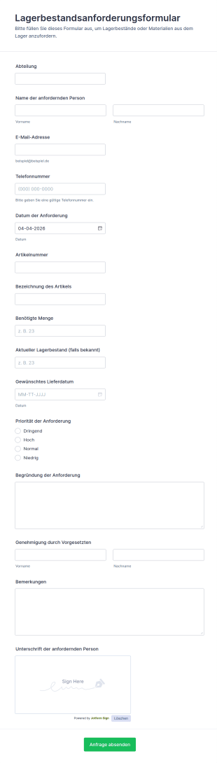 Lagerbestand Anforderungsformular