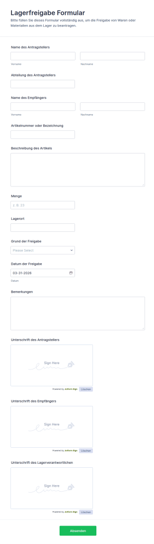Lagerfreigabe Formular
