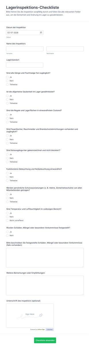 Lagerinspektions Checkliste