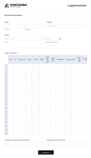 Lagerinventarformular Form Template