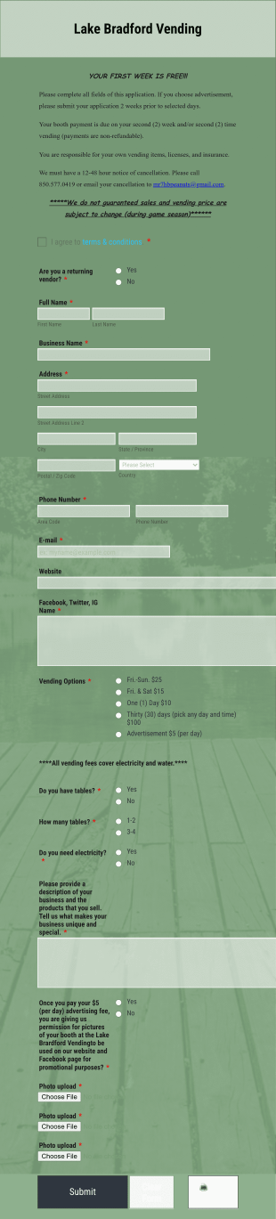Lake Bradford Vendings Form Template