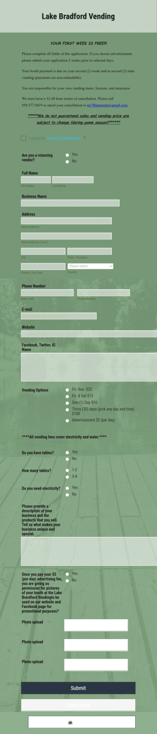 Lake Bradford Vendings Form Template