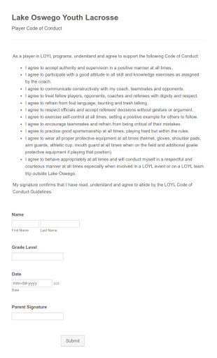 Player Code Of Conduct Acknowledgement Form Template