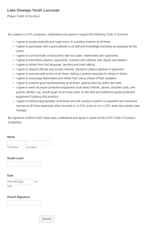 Player Code Of Conduct Acknowledgement Form Template