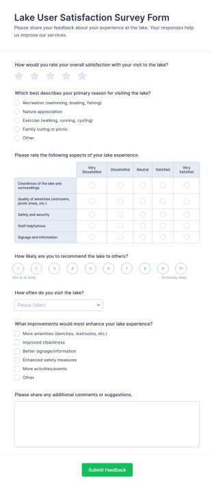 Lake User Satisfaction Survey Form Template