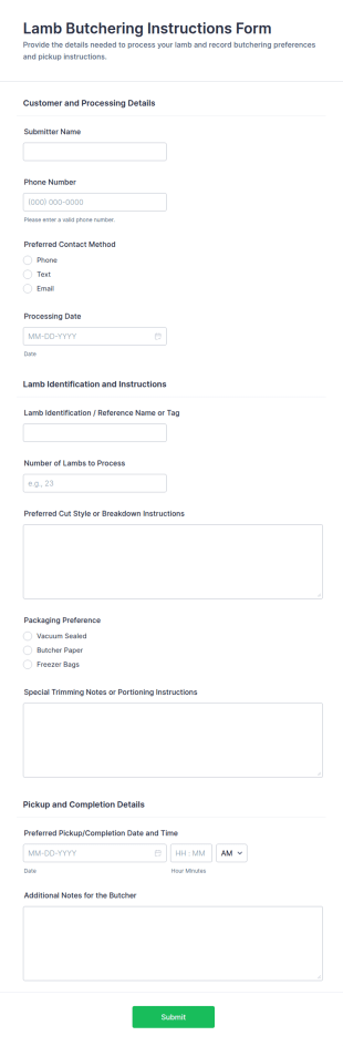 Lamb Butchering Instructions Form Template