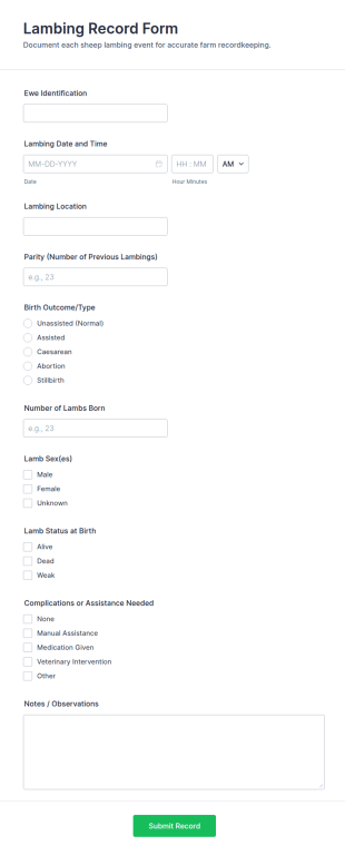 Lambing Record Form Template
