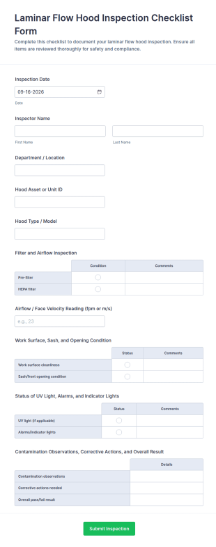Laminar Flow Hood Inspection Checklist Form Template
