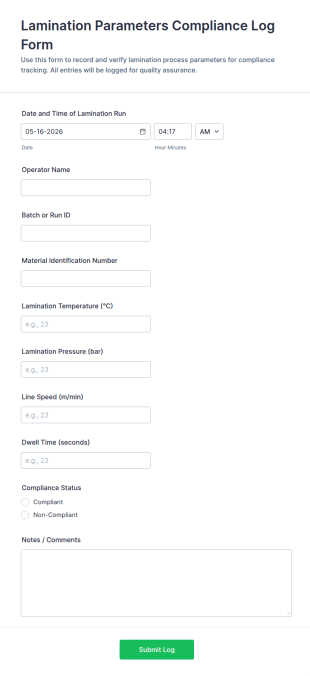 Lamination Parameters Compliance Log Form Template