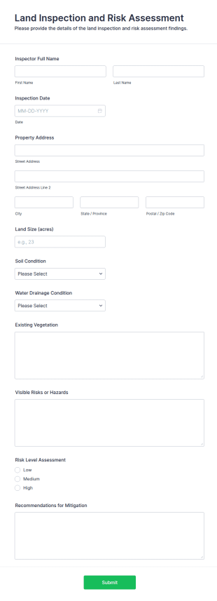 Land Inspection And Risk Assessment Form Template