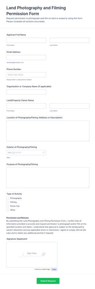 Land Photography And Filming Permission Form Template