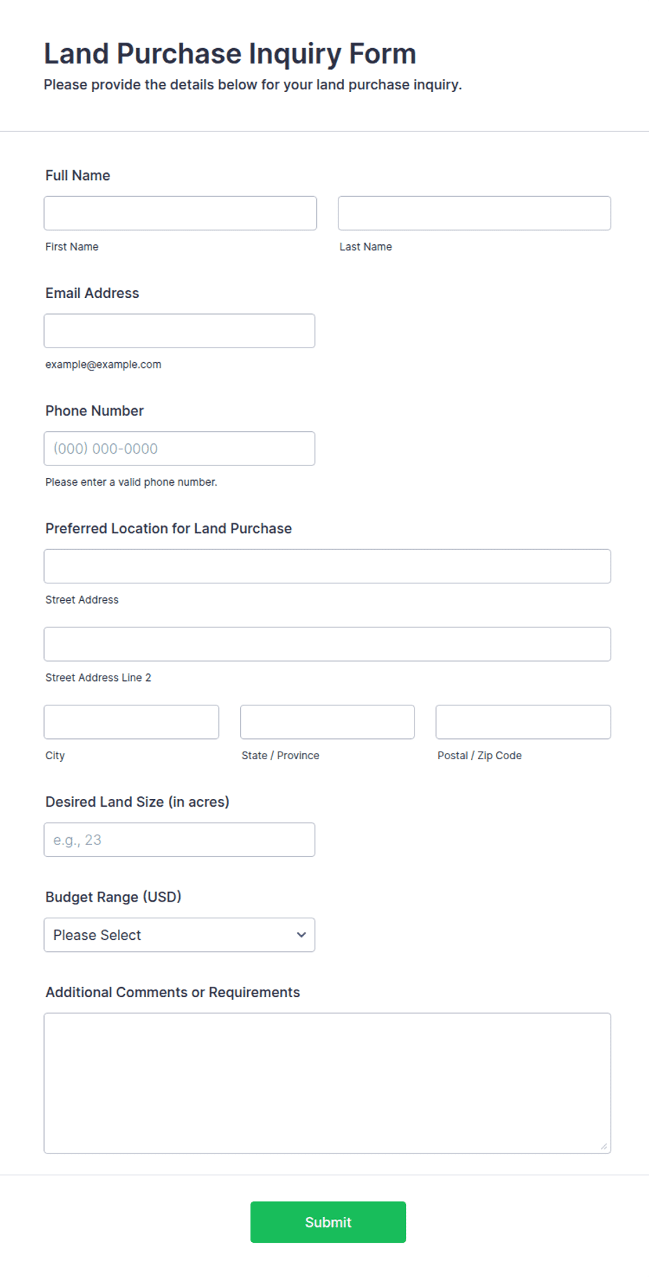 Land Purchase Inquiry Form Template | Jotform