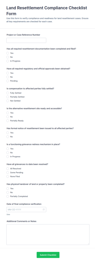 Land Resettlement Compliance Checklist Form Template