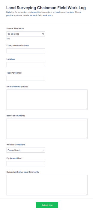 Land Surveying Chainman Field Work Log Form Template
