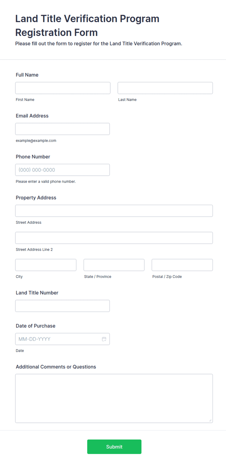 Land Verification Land Title Verification Program Registration Form Template | Jotform