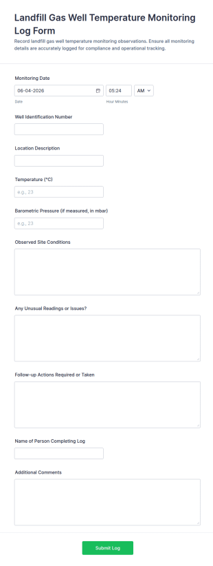 Landfill Gas Well Temperature Monitoring Log Form Template