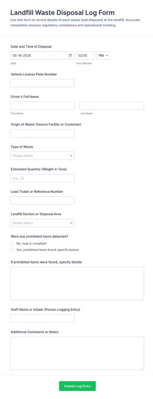 Landfill Waste Disposal Log Form Template