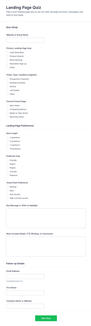 Landing Page Quiz Form Template