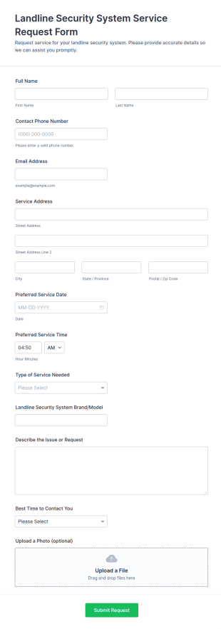 Landline Security System Service Request Form Template