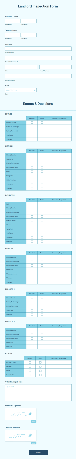 Landlord Inspection Form Template
