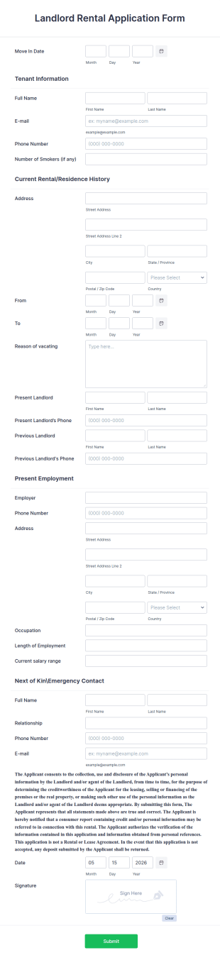 Landlord Rental Application Form Template