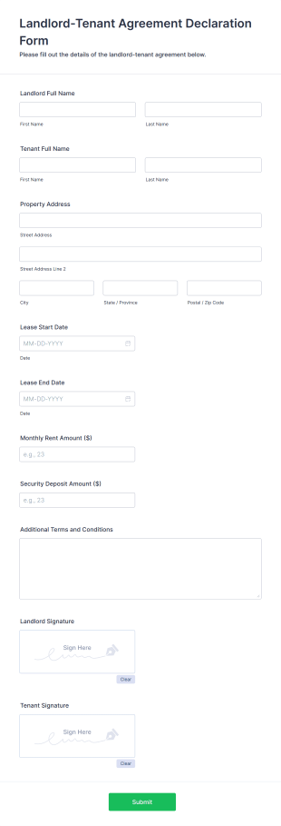 Landlord Tenant Agreement Declaration Form Template