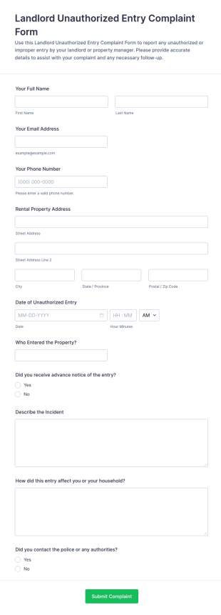 Landlord Unauthorized Entry Complaint Form Template