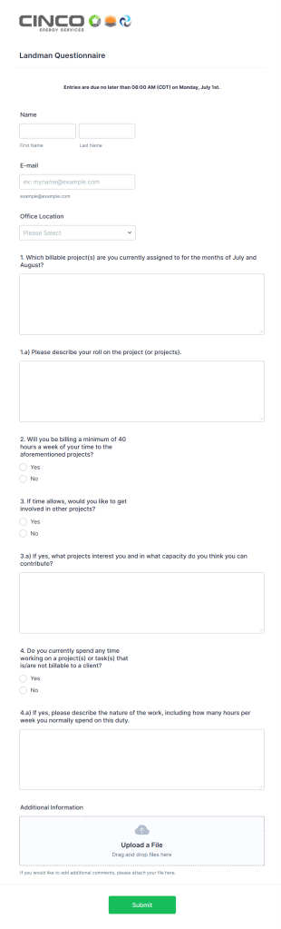 Landman Project Questionnaire Form Template
