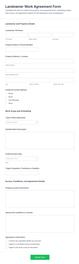 Landowner Work Agreement Form Template