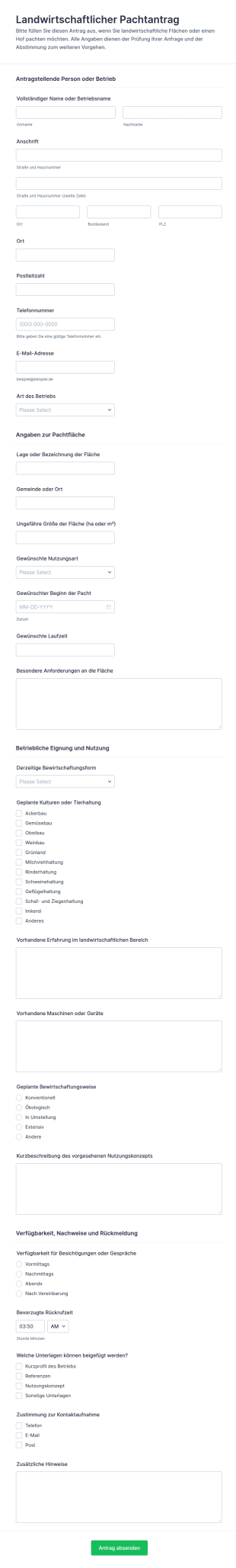 Antrag Auf Pacht Eines Landwirtschaftlichen Betriebes Formular