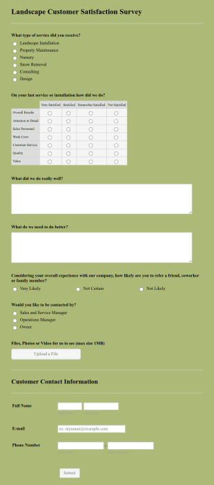 Landscape Customer Satisfaction Survey Form Template