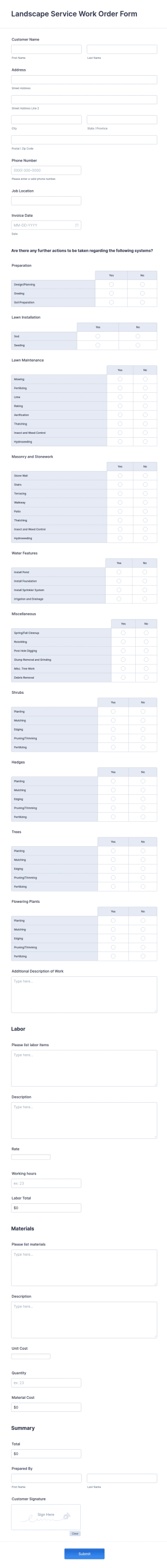 Landscape Service Work Order Form Template