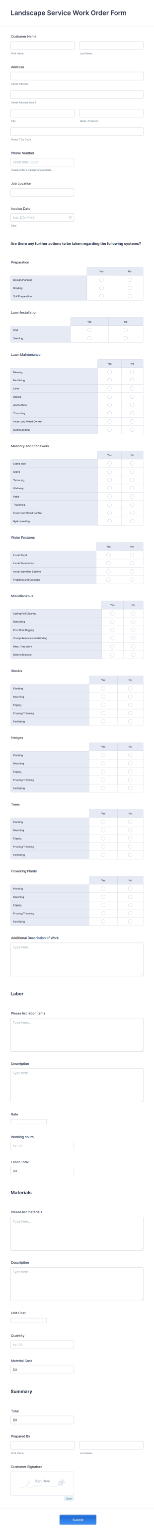 Landscape Service Work Order Form Template