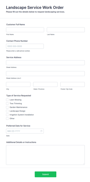 Landscape Service Work Order Form Template