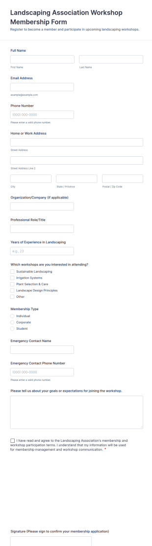 Landscaping Association Workshop Membership Form Template