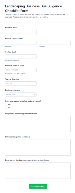 Landscaping Business Due Diligence Checklist Form Template