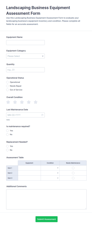 Landscaping Business Equipment Assessment Form Template