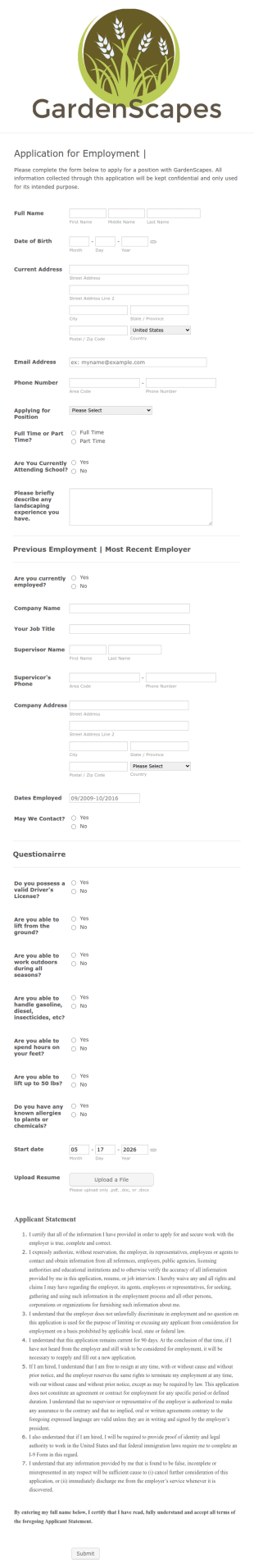 Landscaping Job Application Form Template