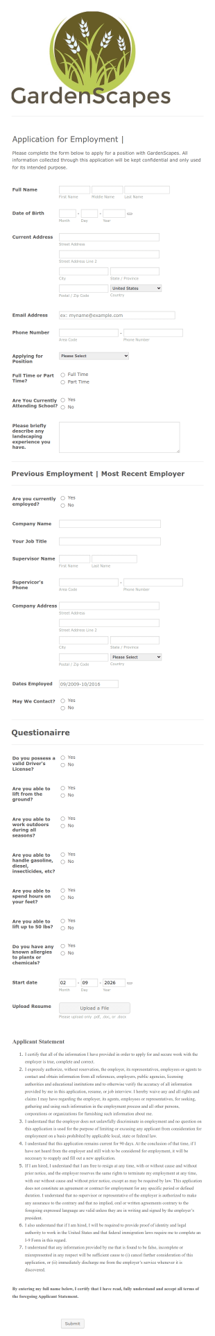 Landscaping Job Application Form Template